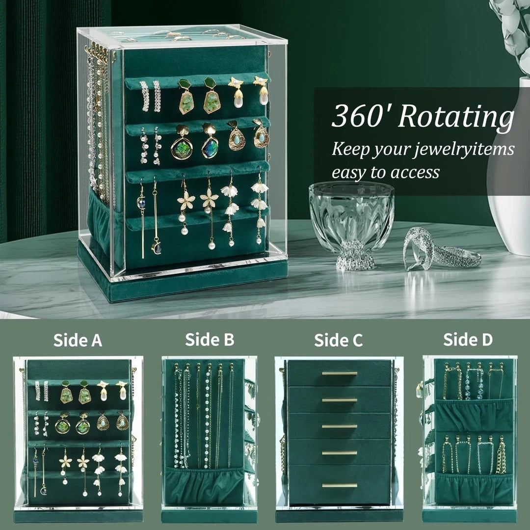 KAMIER 360° Drehbare Schmuckaufbewahrung mit 5 Schubladen & Glasfenster