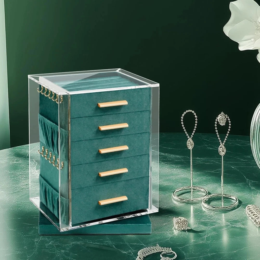 KAMIER 360° Drehbare Schmuckaufbewahrung mit 5 Schubladen & Glasfenster